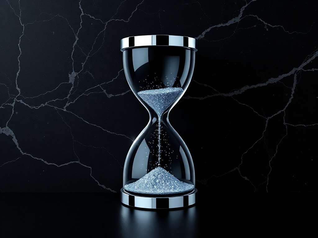 A sleek, minimalist logo mark: a stylized hourglass with digital data streams flowing through it, rendered in polished chrome against a black marble background. Soft studio lighting, reflections. Photorealistic, 8k.